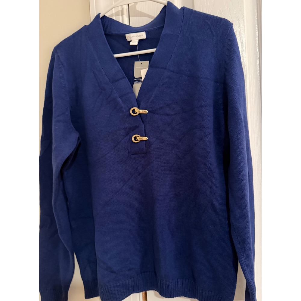 Charter Club Womens Tartan Blue Toggle V-Neck Sweater Size Large NWT